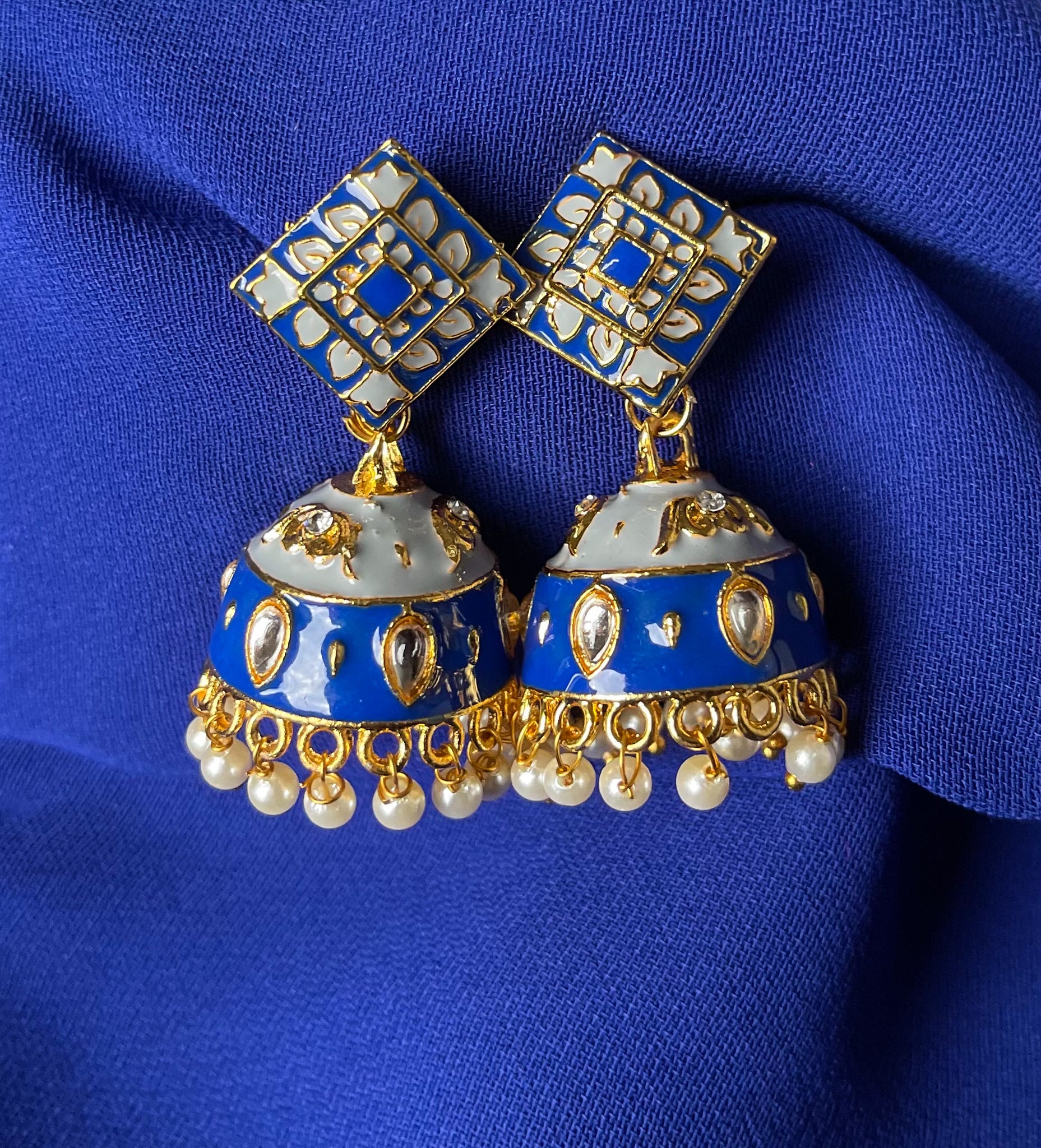 Gold Plated Hand Painted Blue & Pink Kundan Enameled Jhumka Earrings w –  ShopBollyWear.Com