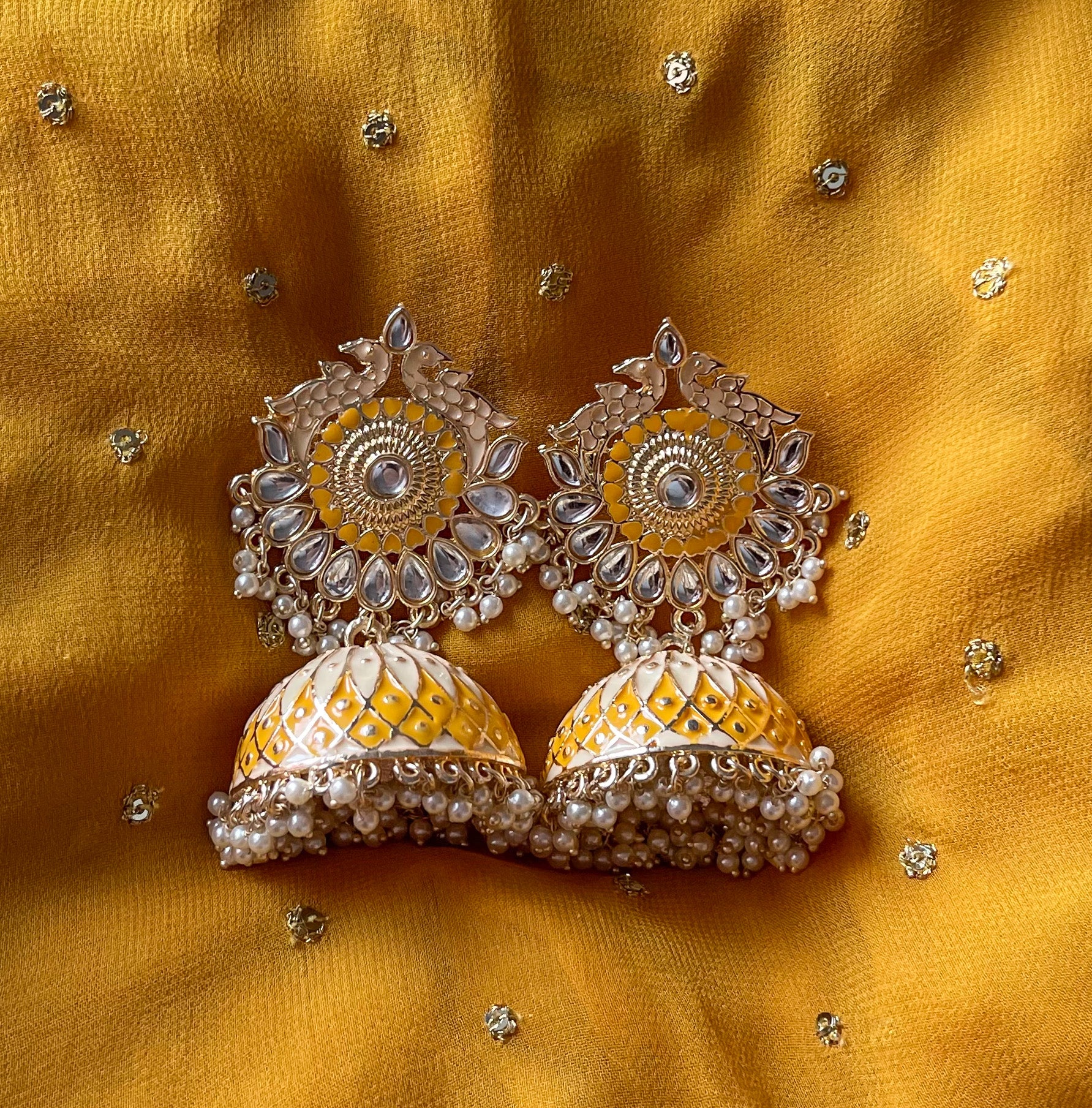 Yellow Meenakari Pearl Jhumka Earrings for Wedding | FashionCrab.com |  Silver jewelry fashion, Jhumka earrings, Jhumka